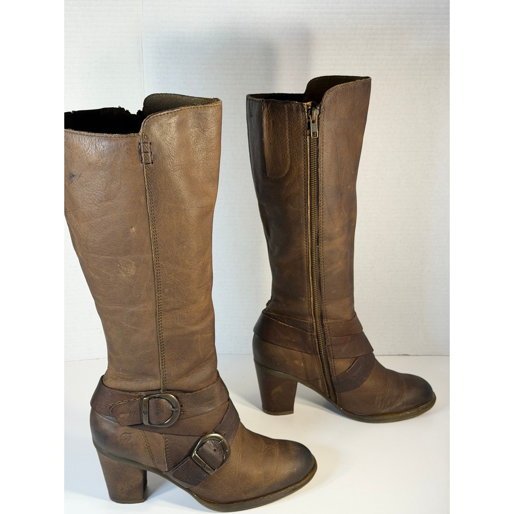 Born Crown Brown Leather Tall Knee High Buckle Moto Boots Block Heel Womens 8 - Picture 4 of 14
